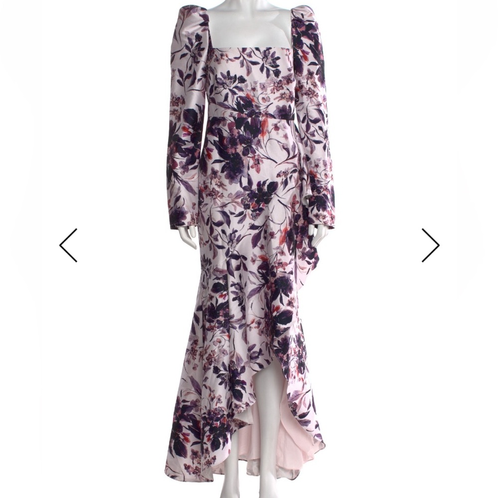 Badgley Mischka Floral Flounce Hem Gown Long Sleeve Dress